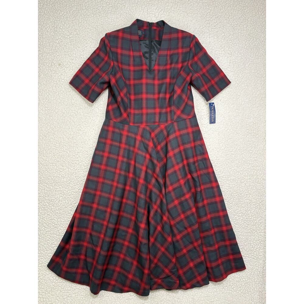 NWT Pendleton 100% Virgin Wool Dress Size 8 Tartan Plaid V-Neck Red Midi USAโ